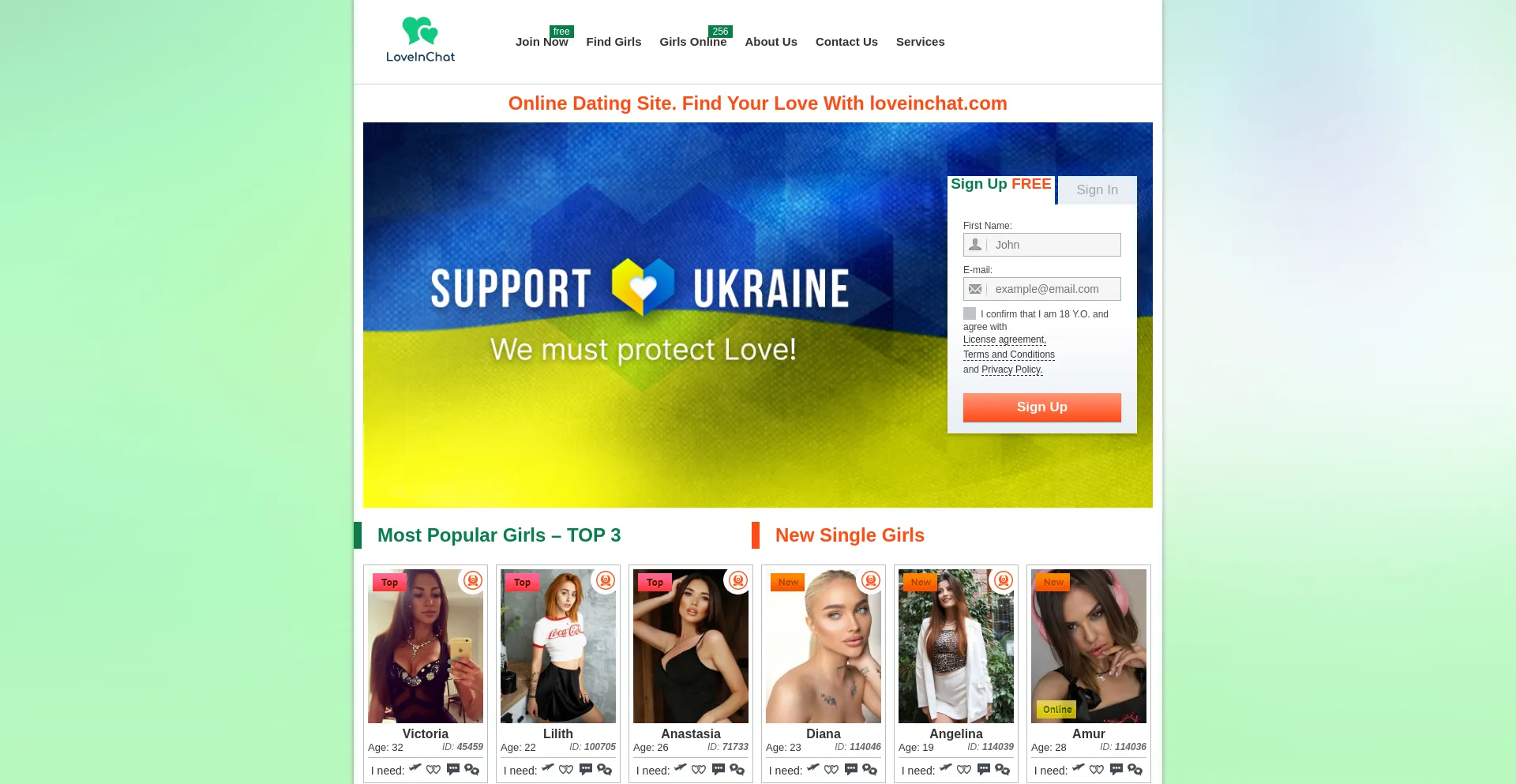 Website screenshot of Loveinchat.com