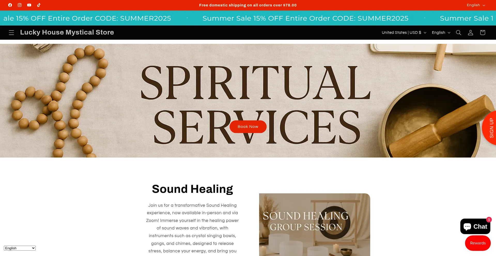 Website screenshot of Luckyhousemysticalstore.com