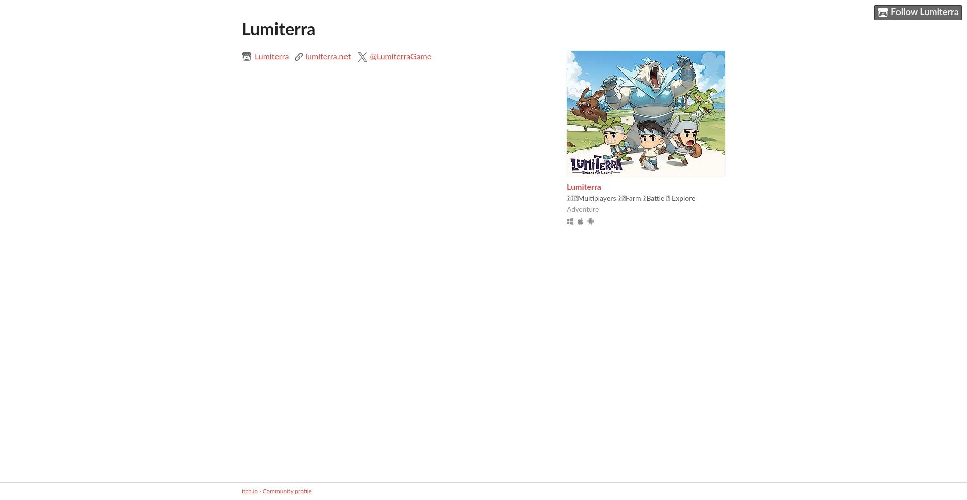 Website screenshot of Lumiterra.itch.io