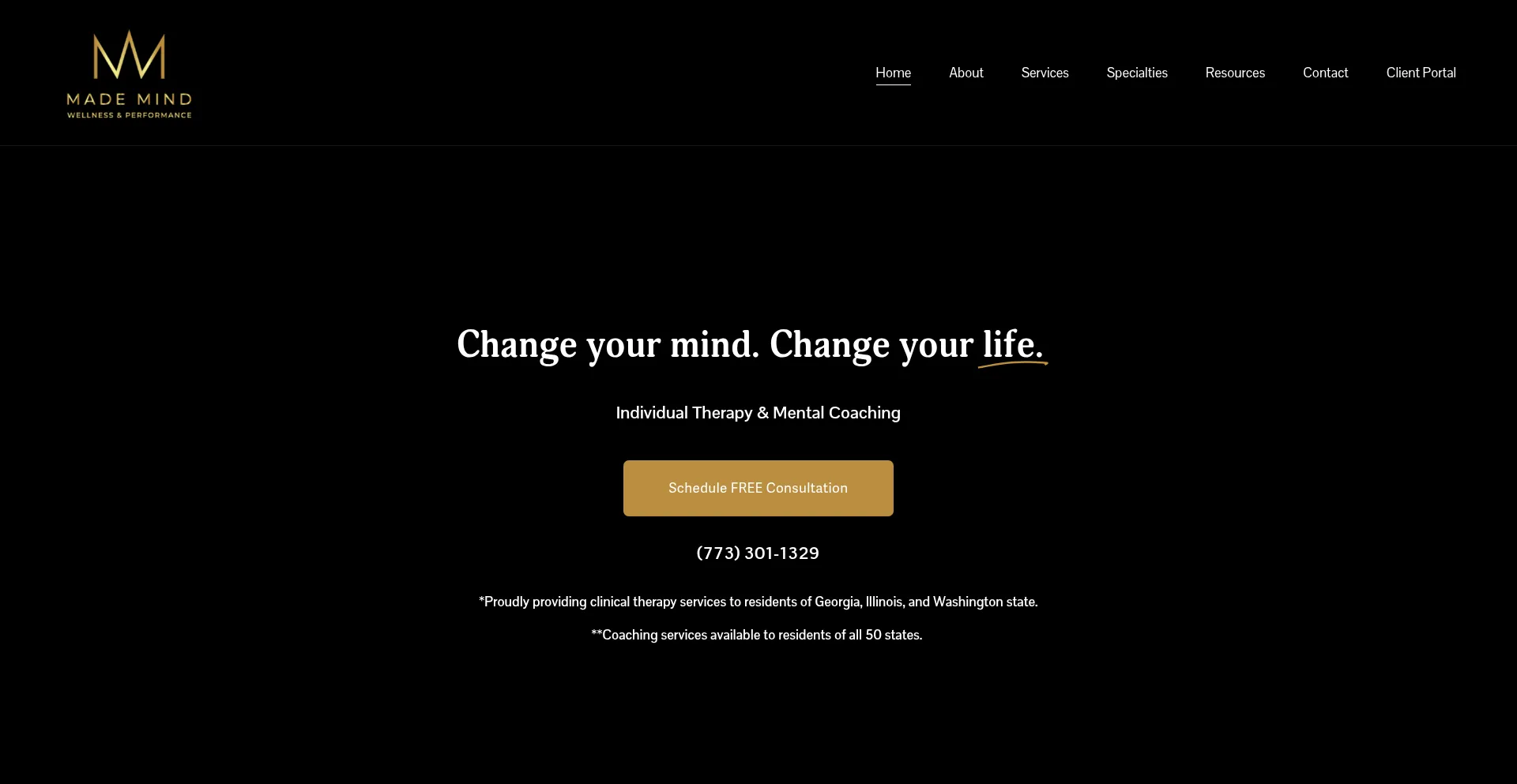 Website screenshot of Mademindwellness.com