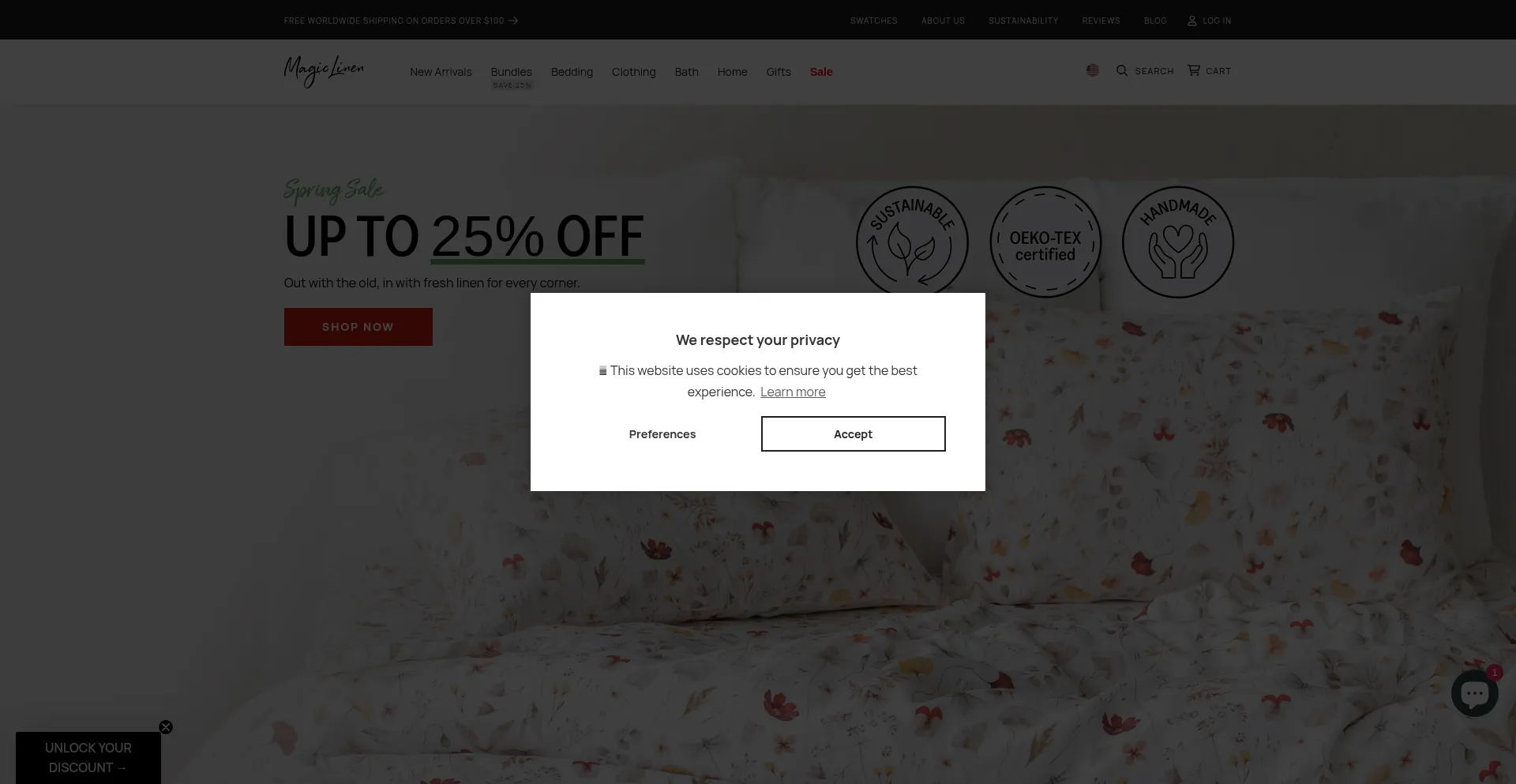 Website screenshot of Magiclinen.com