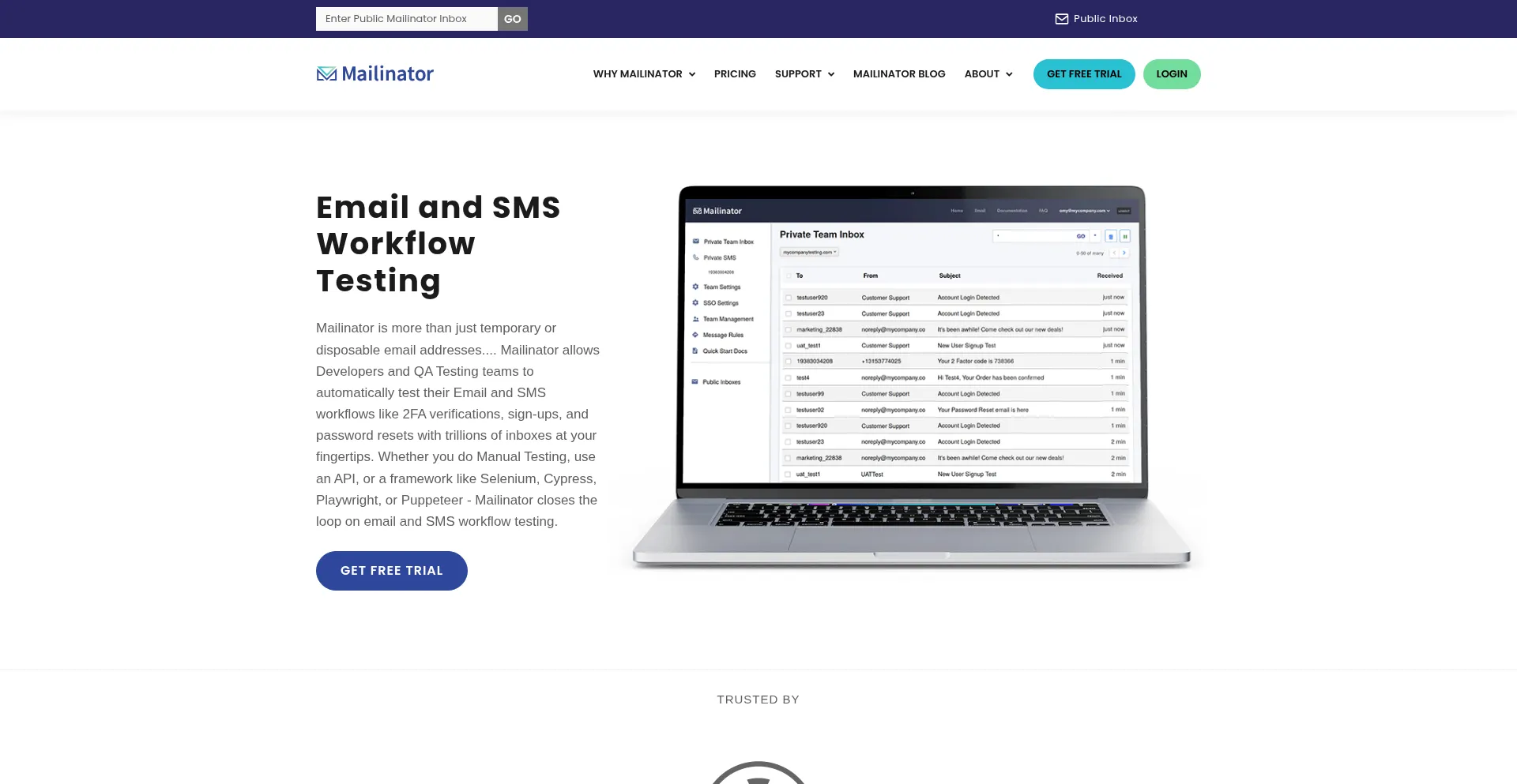Website screenshot of Mailinator.com