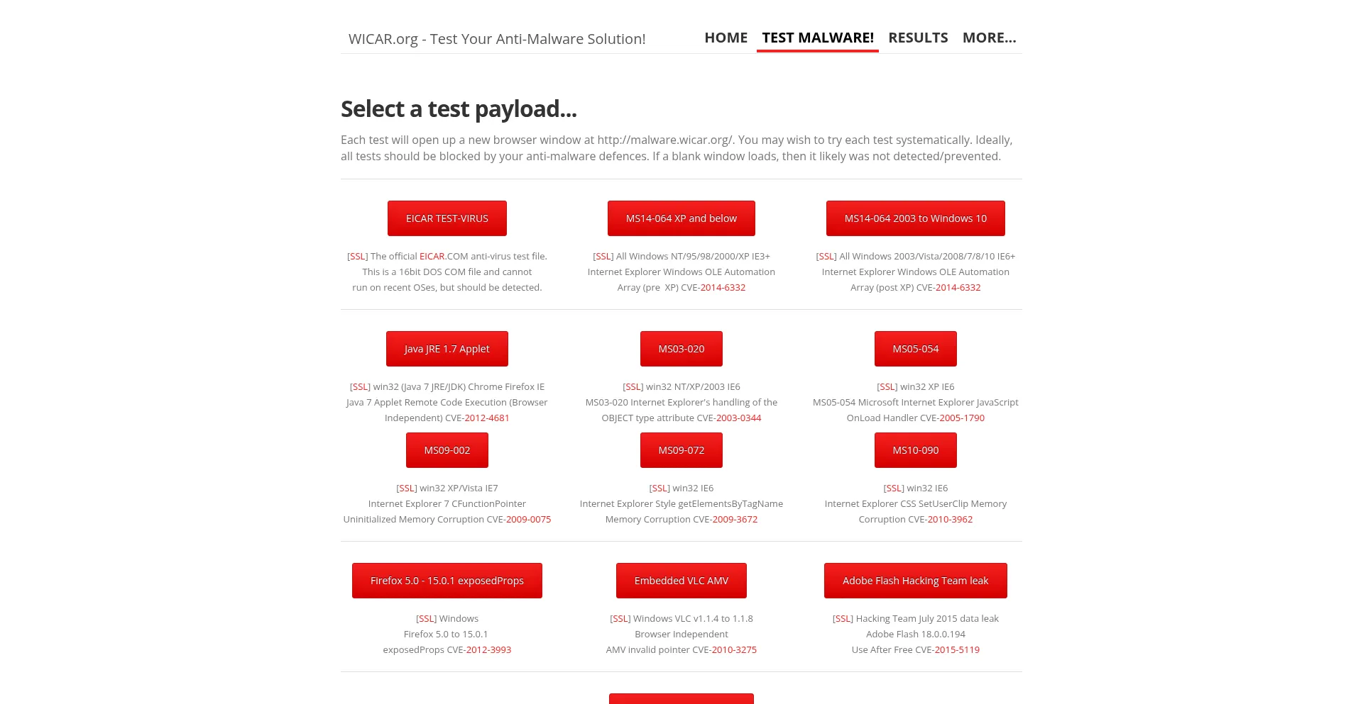 Website screenshot of Malware.wicar.org