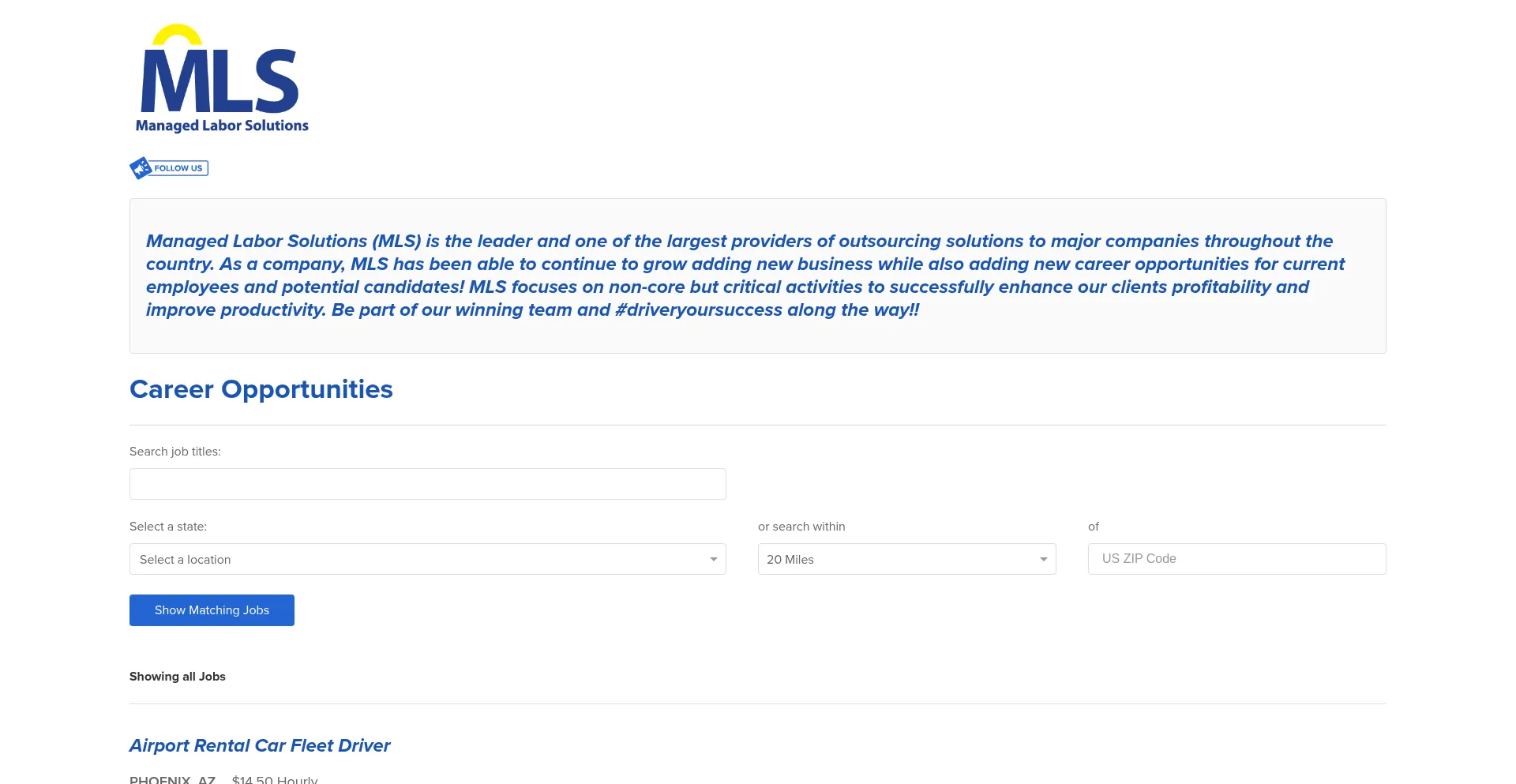 Website screenshot of Managedlaborsolutions.prismhr-hire.com
