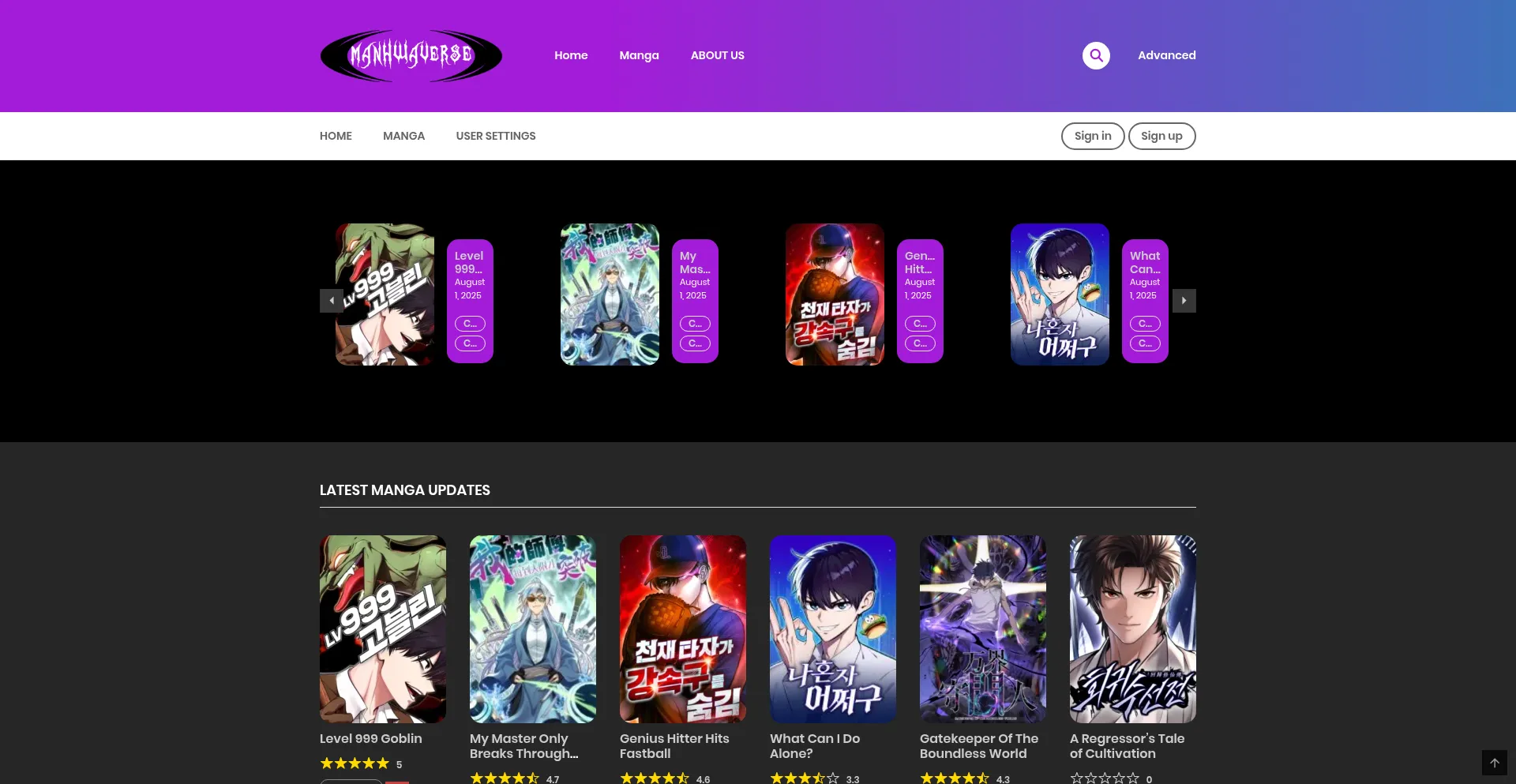Website screenshot of Manhwaverse.com