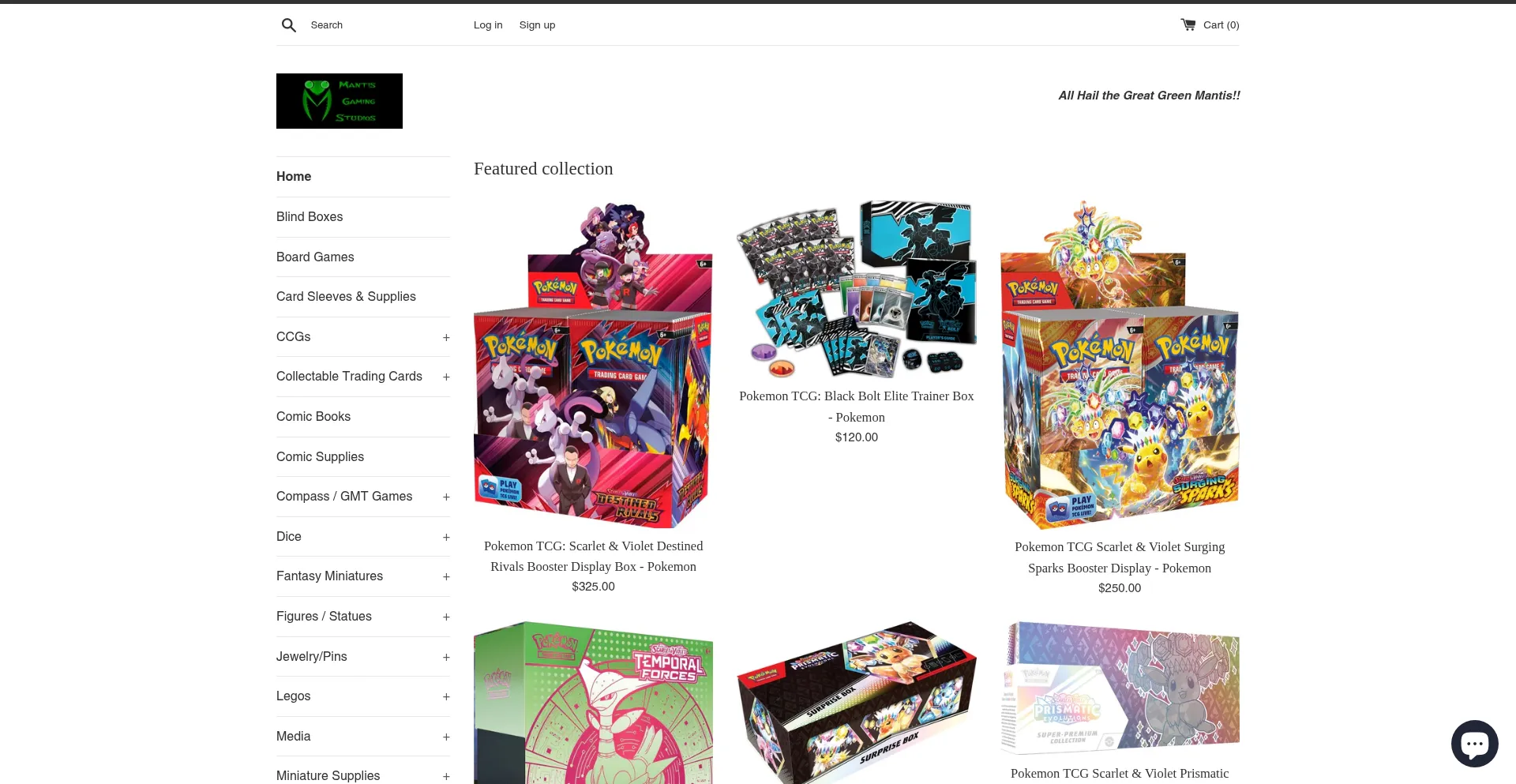 Website screenshot of Mantisgamingstudios.myshopify.com
