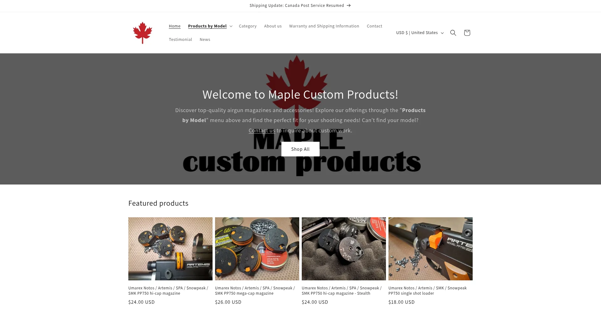 Website screenshot of Maplecustomproducts.com