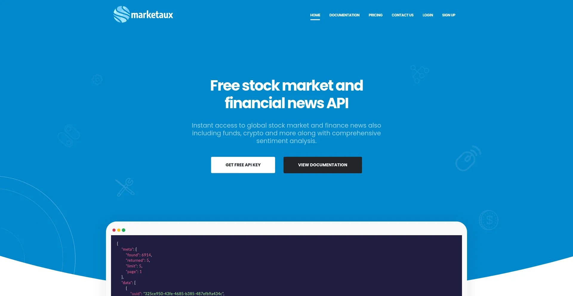 Website screenshot of Marketaux.com