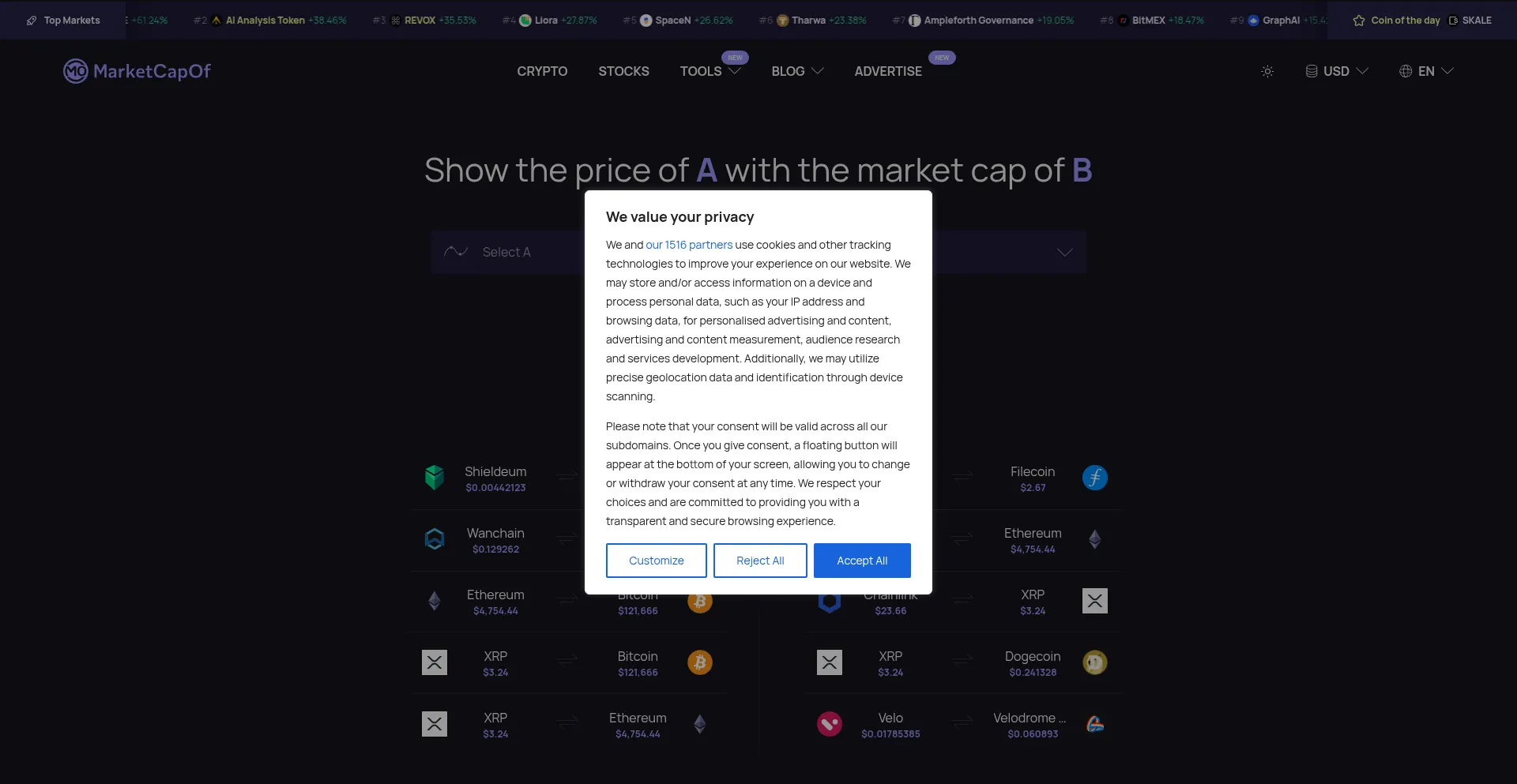 Website screenshot of Marketcapof.com