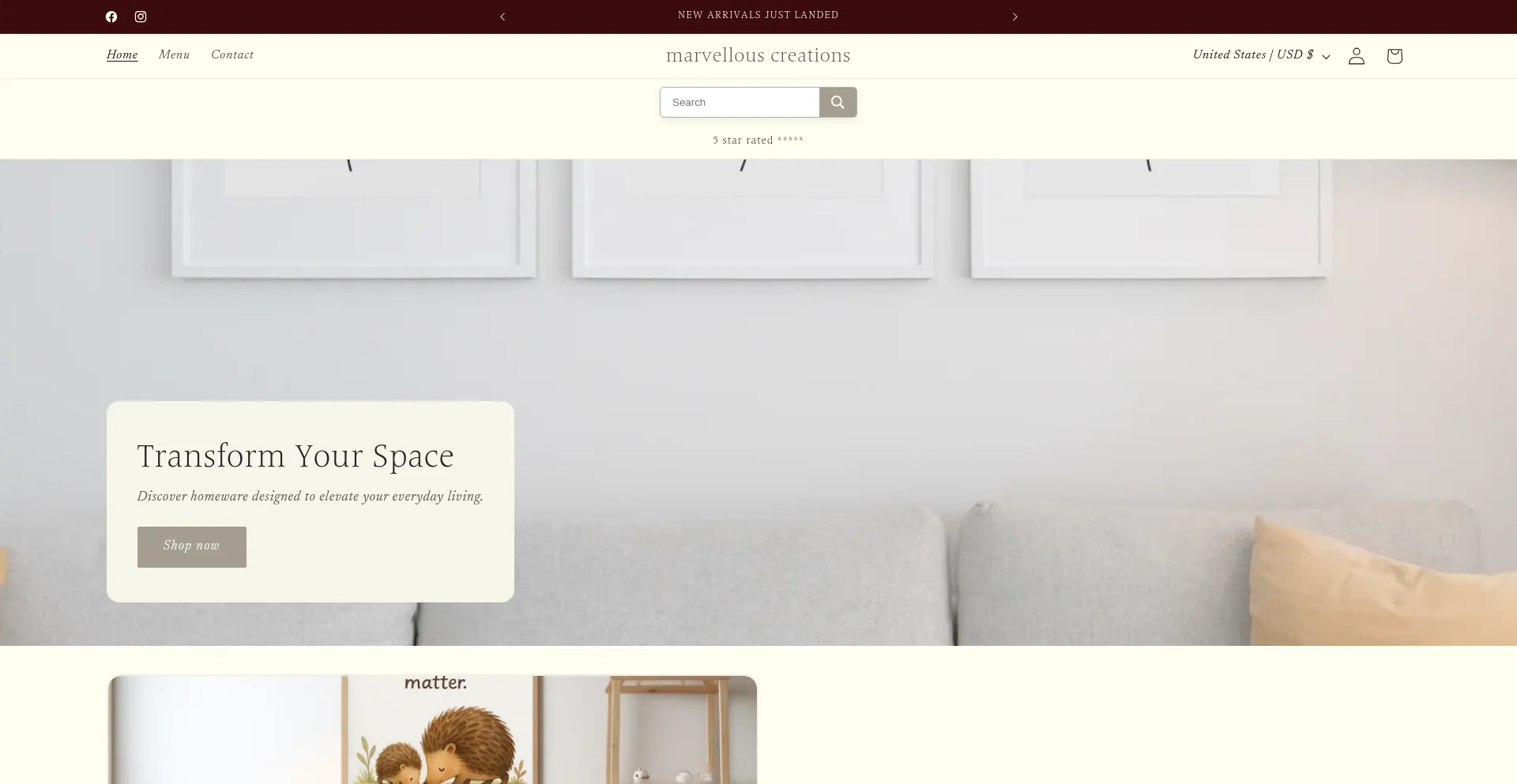 Website screenshot of Marvellouscreations.store