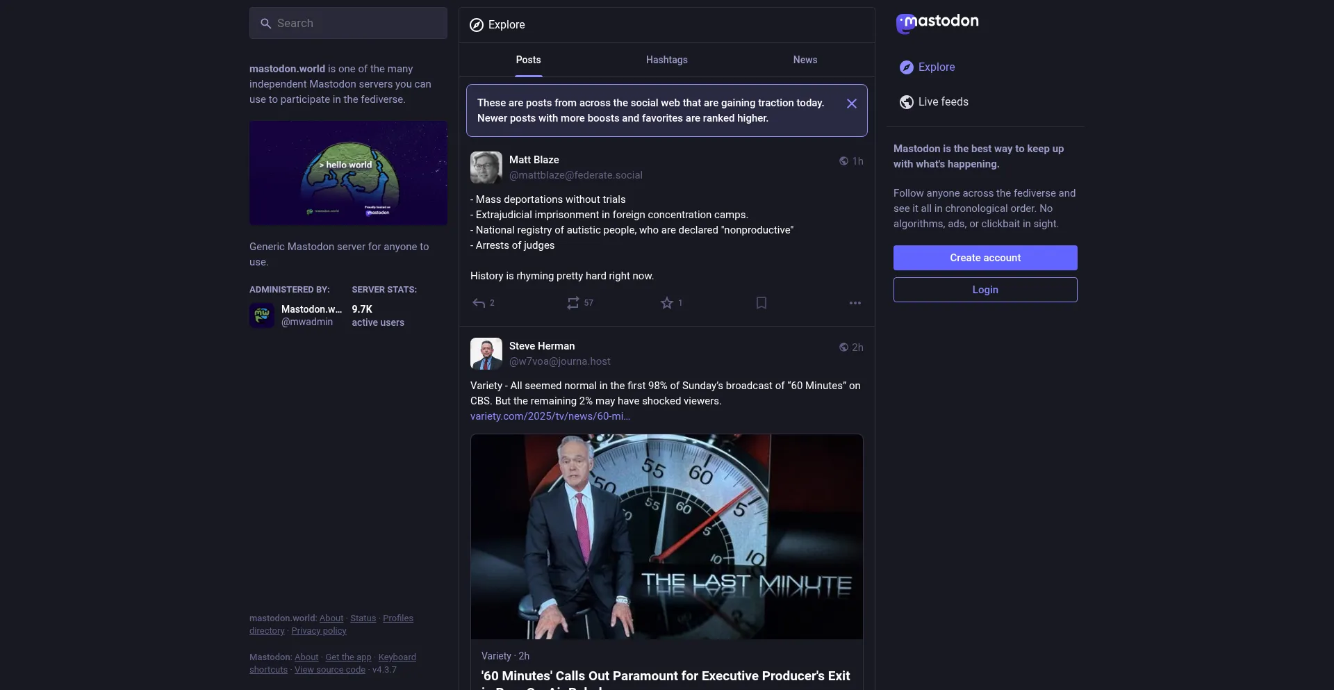 Website screenshot of Mastodon.world