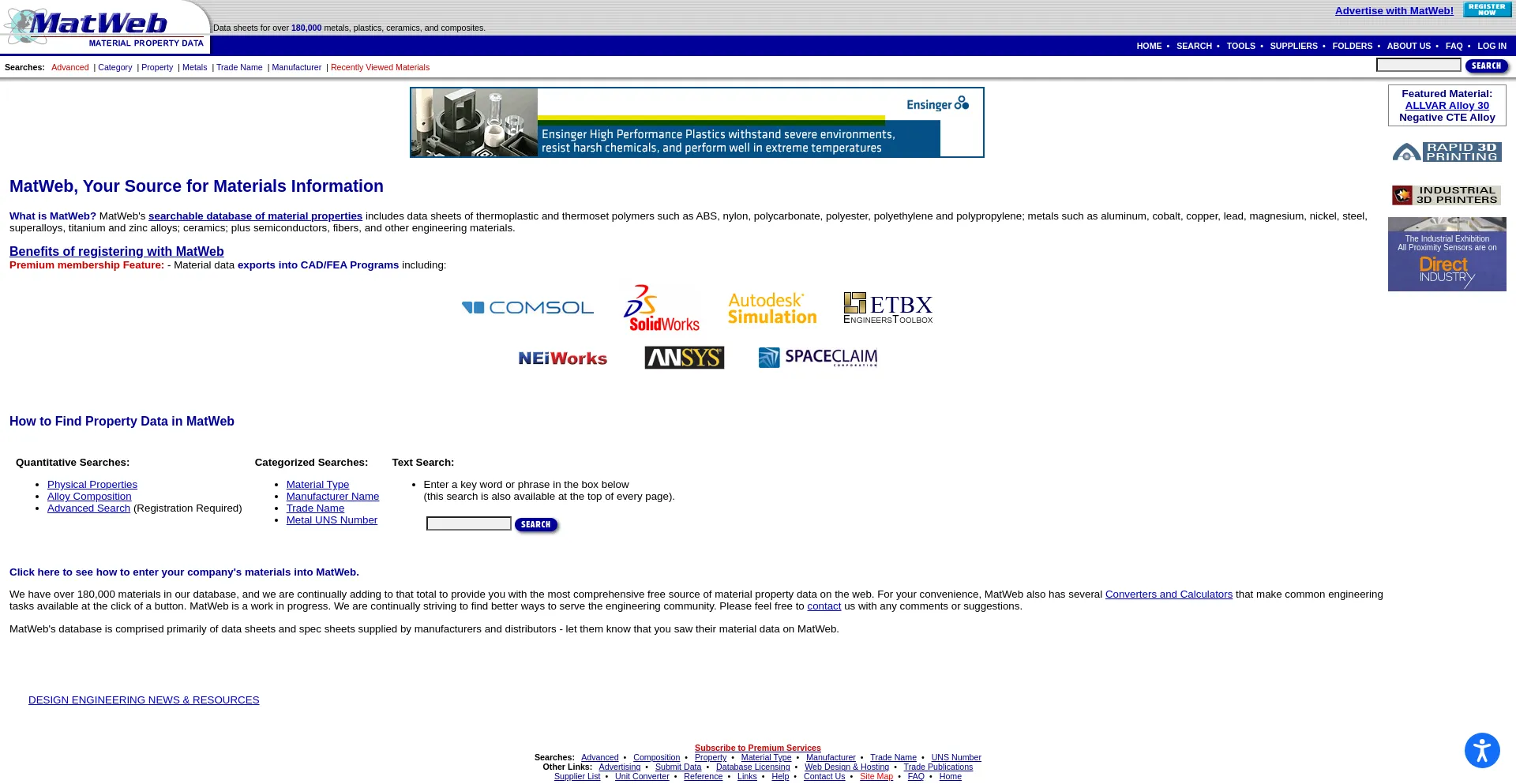 Website screenshot of Matweb.com