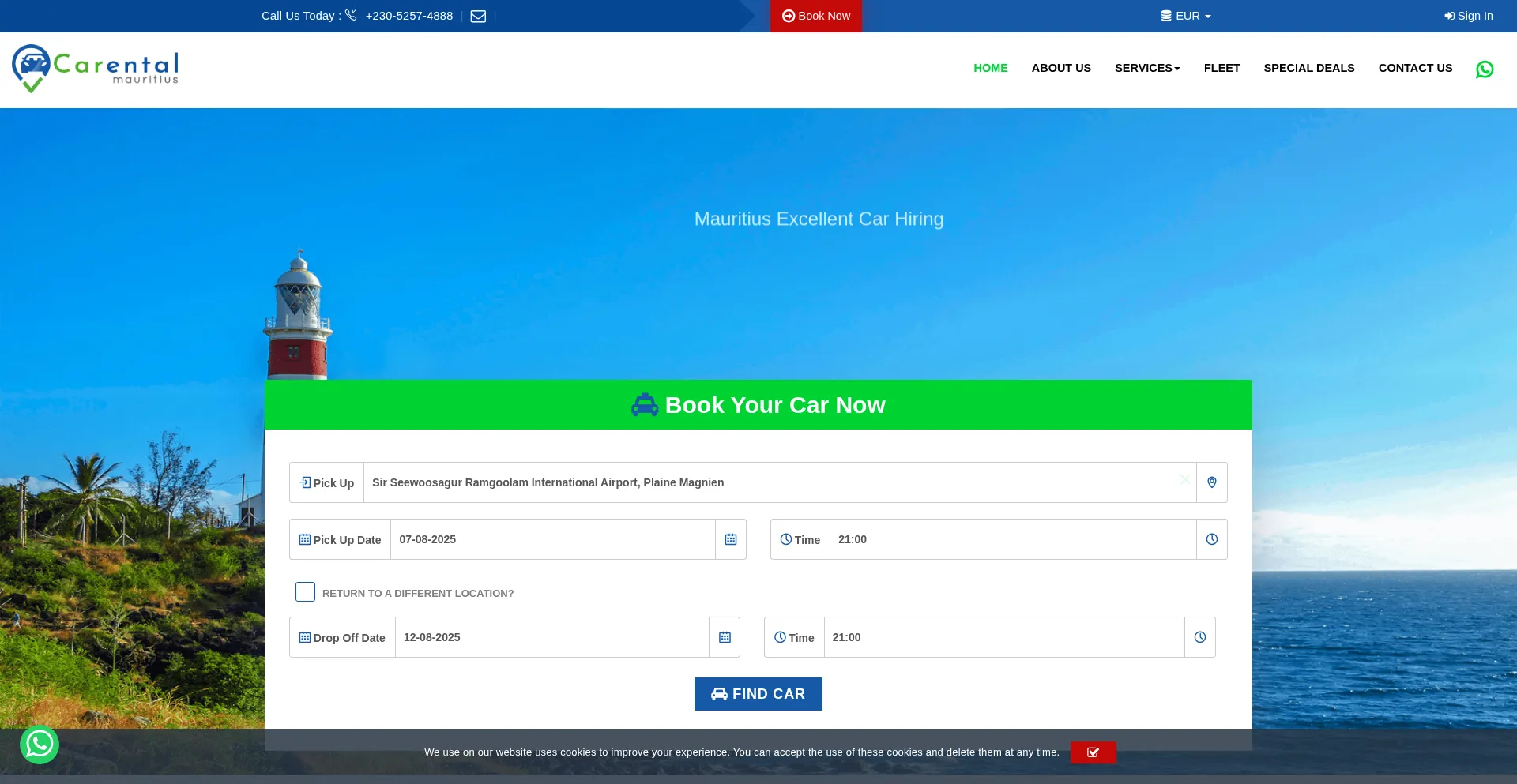 Website screenshot of Mauritiuscarental.com