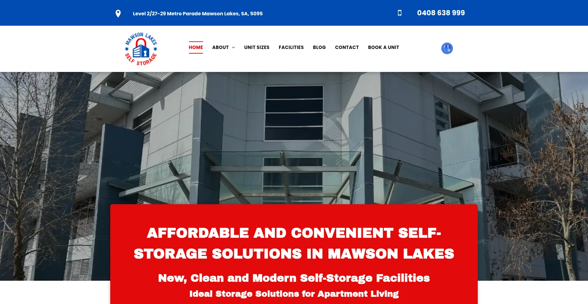 Website screenshot of Mawsonlakesselfstorage.com.au