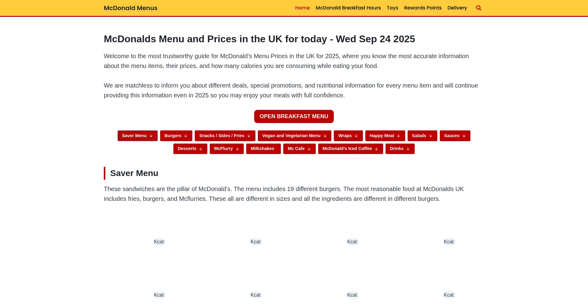 Mcdonaldmenus.co.uk Screenshot