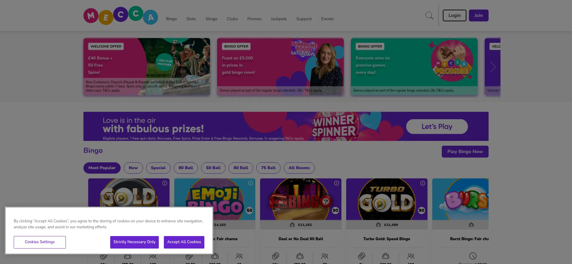 Website screenshot of Meccabingo.com