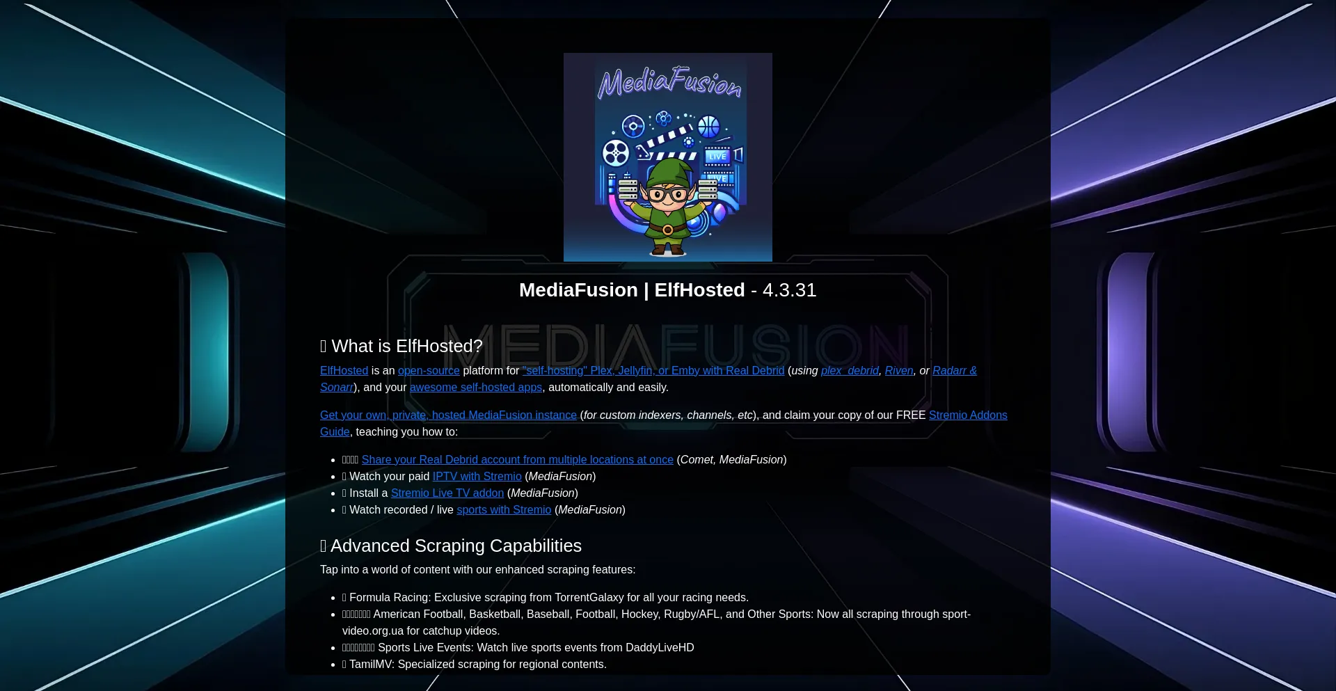 Website screenshot of Mediafusion.elfhosted.com