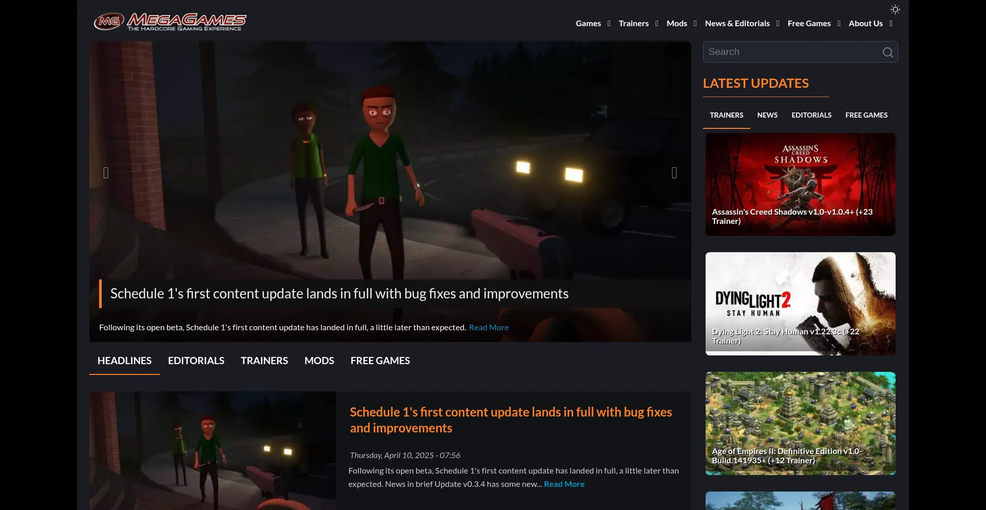 Website screenshot of Megagames.com