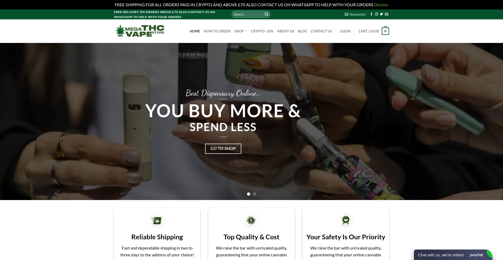 Website screenshot of Megathcvapestore.co.uk