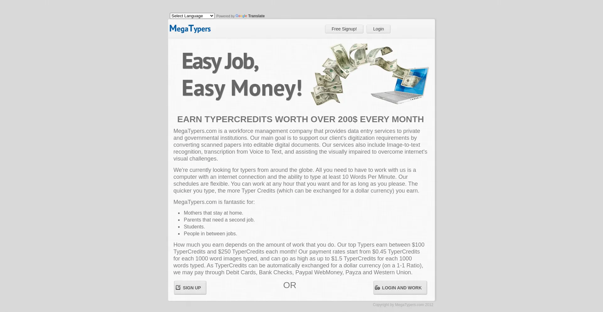 Website screenshot of Megatypers.com