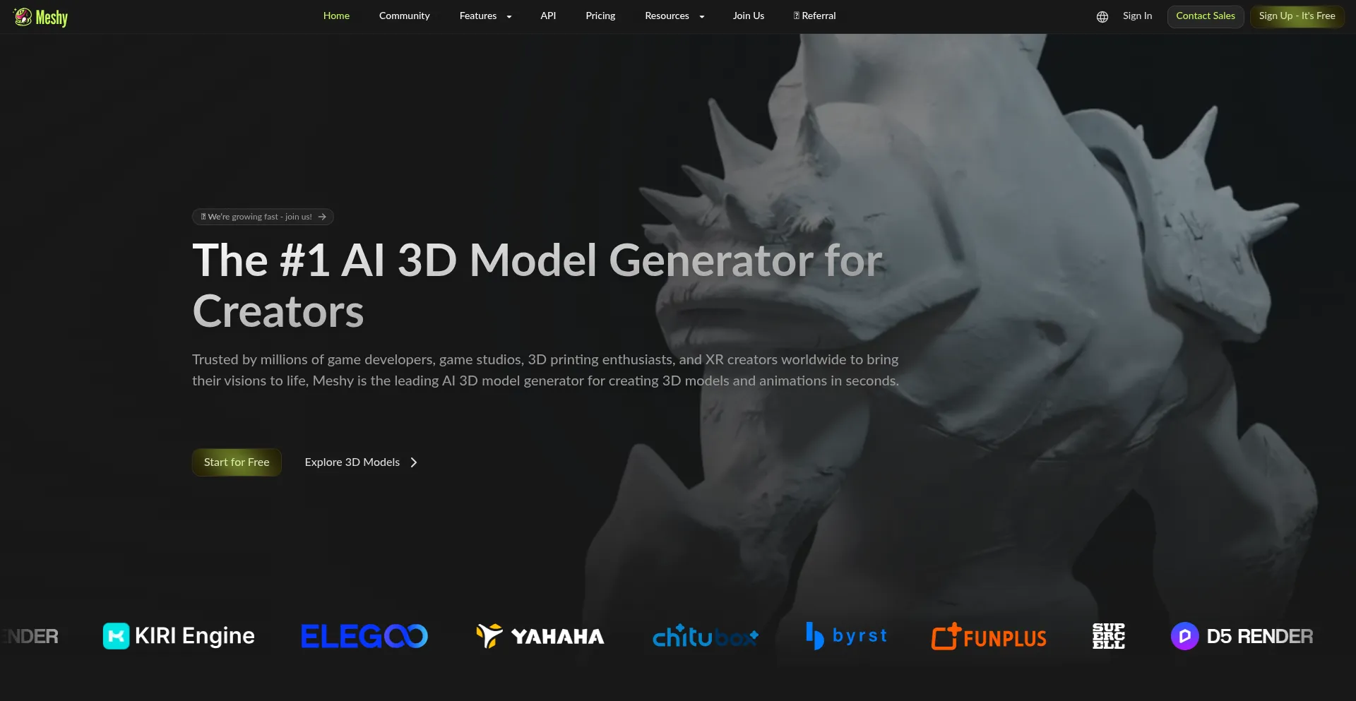 Website screenshot of Meshy.ai
