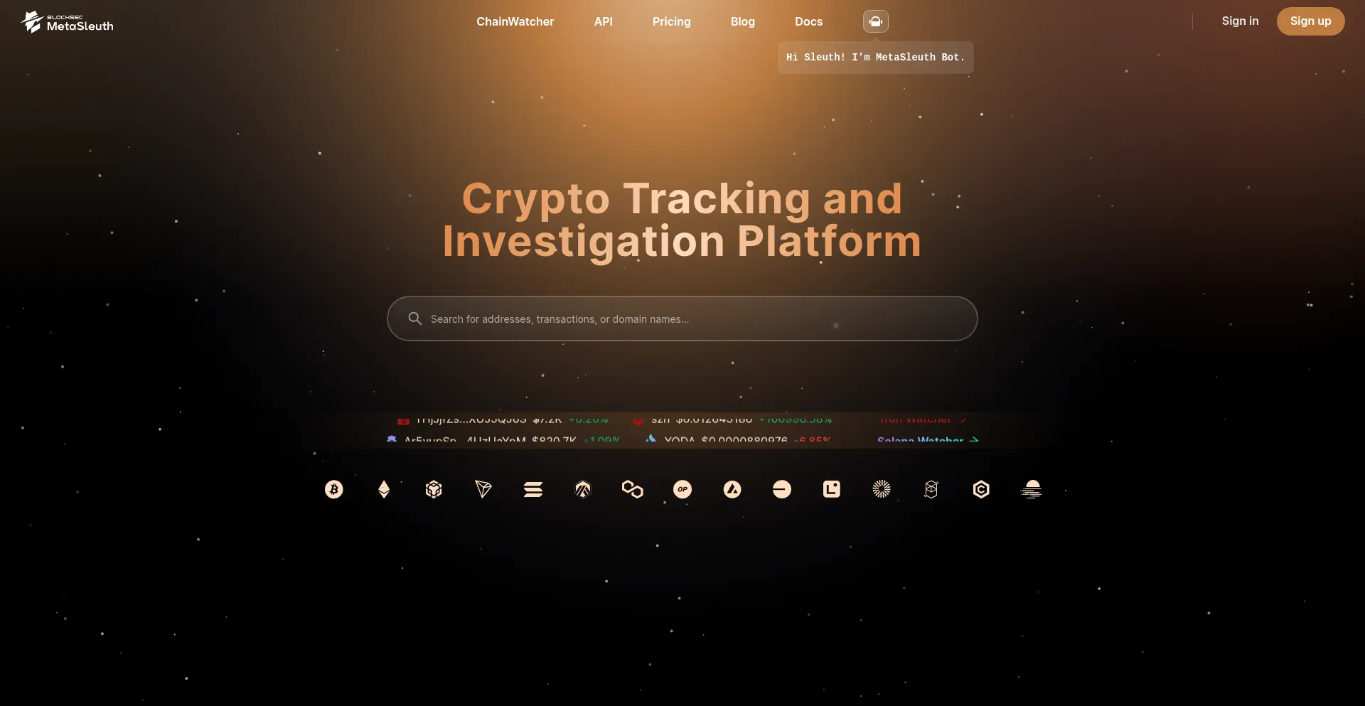 Website screenshot of Metasleuth.io