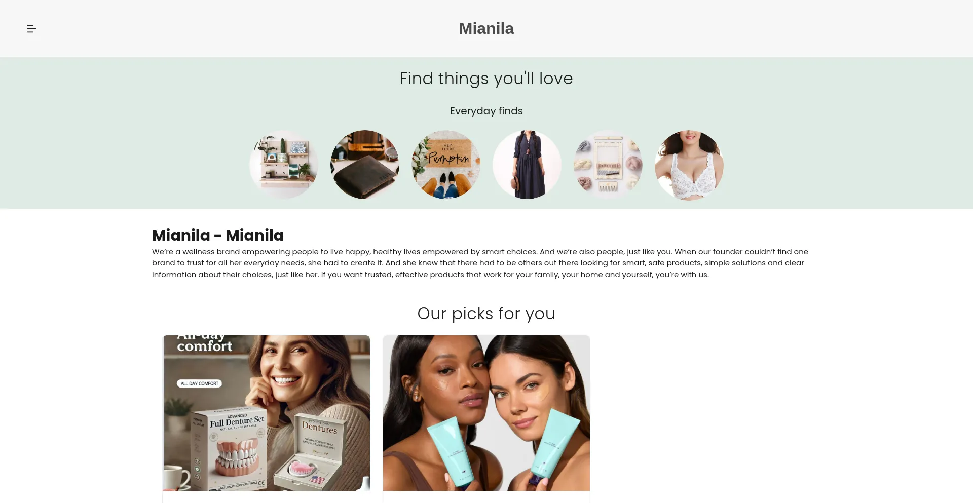 Website screenshot of Mianila.com