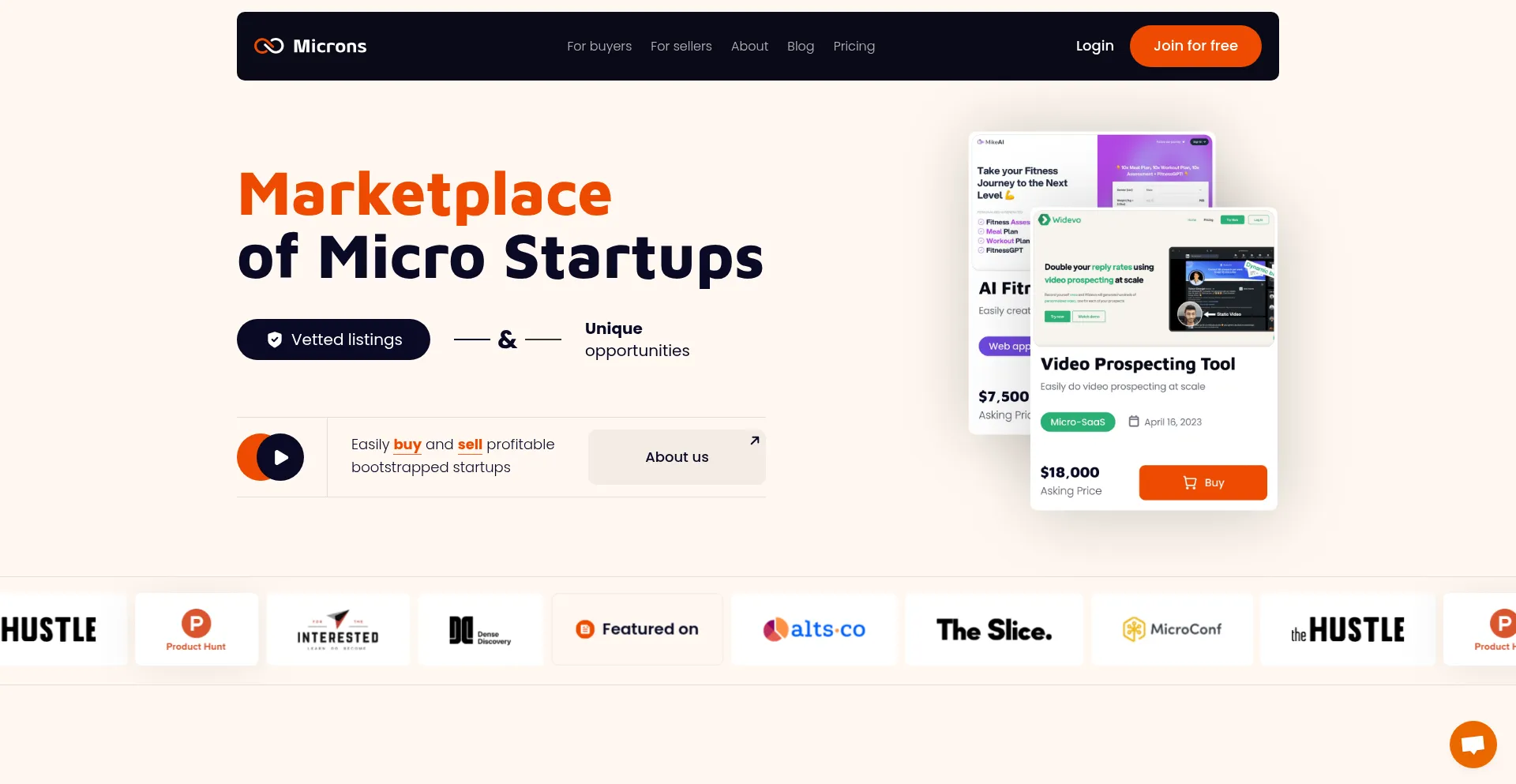 Website screenshot of Microns.io