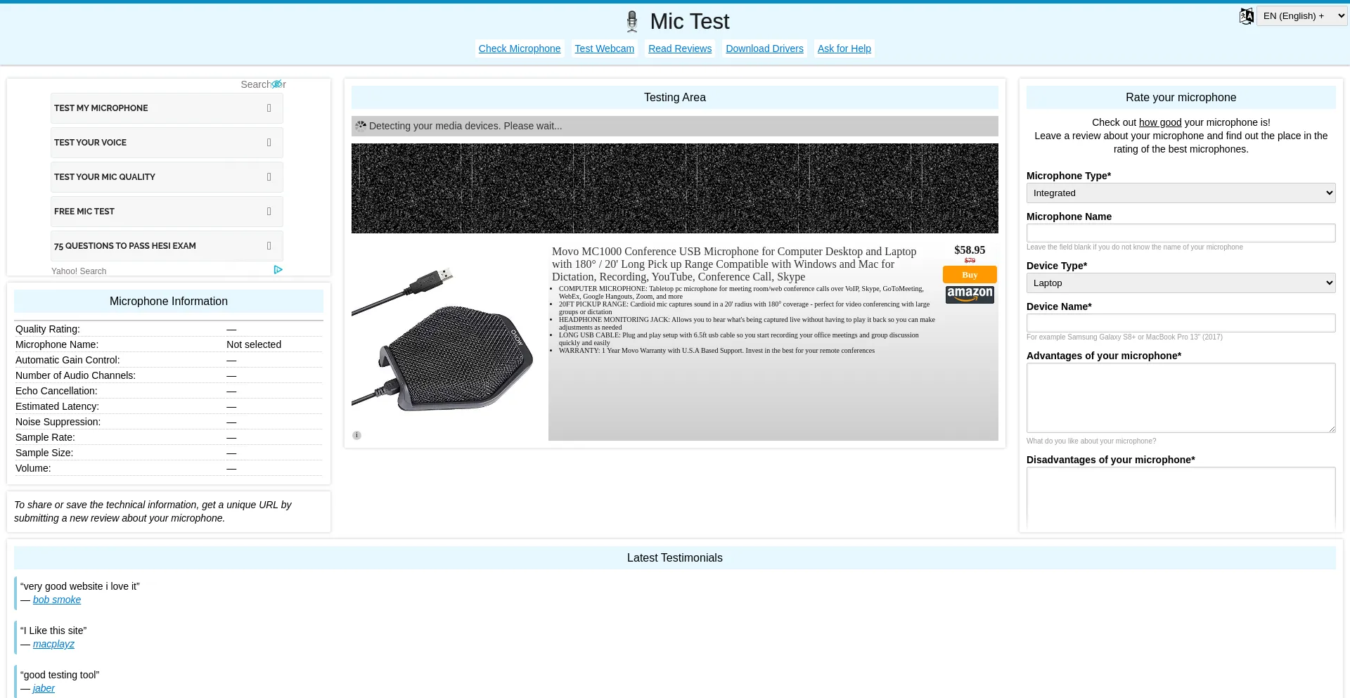 Website screenshot of Mictests.com