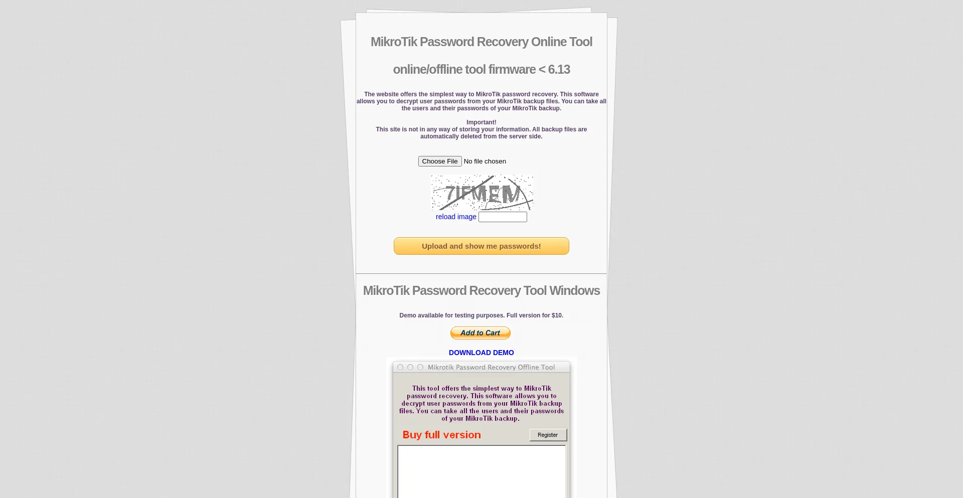 Website screenshot of Mikrotikpasswordrecovery.net