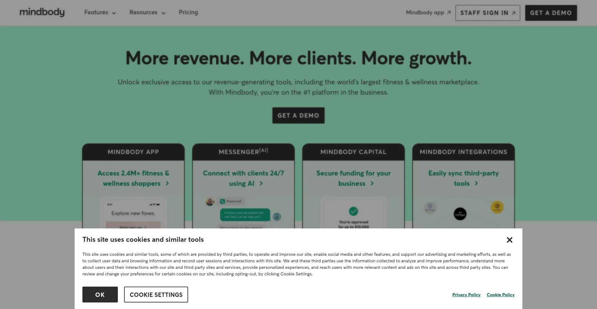 Website screenshot of Mindbodyonline.com