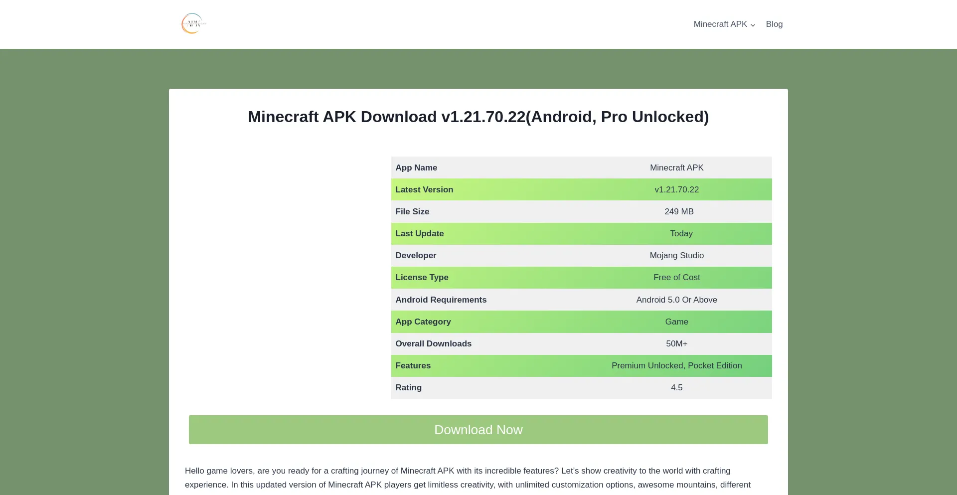 Website screenshot of Mineapkhub.com