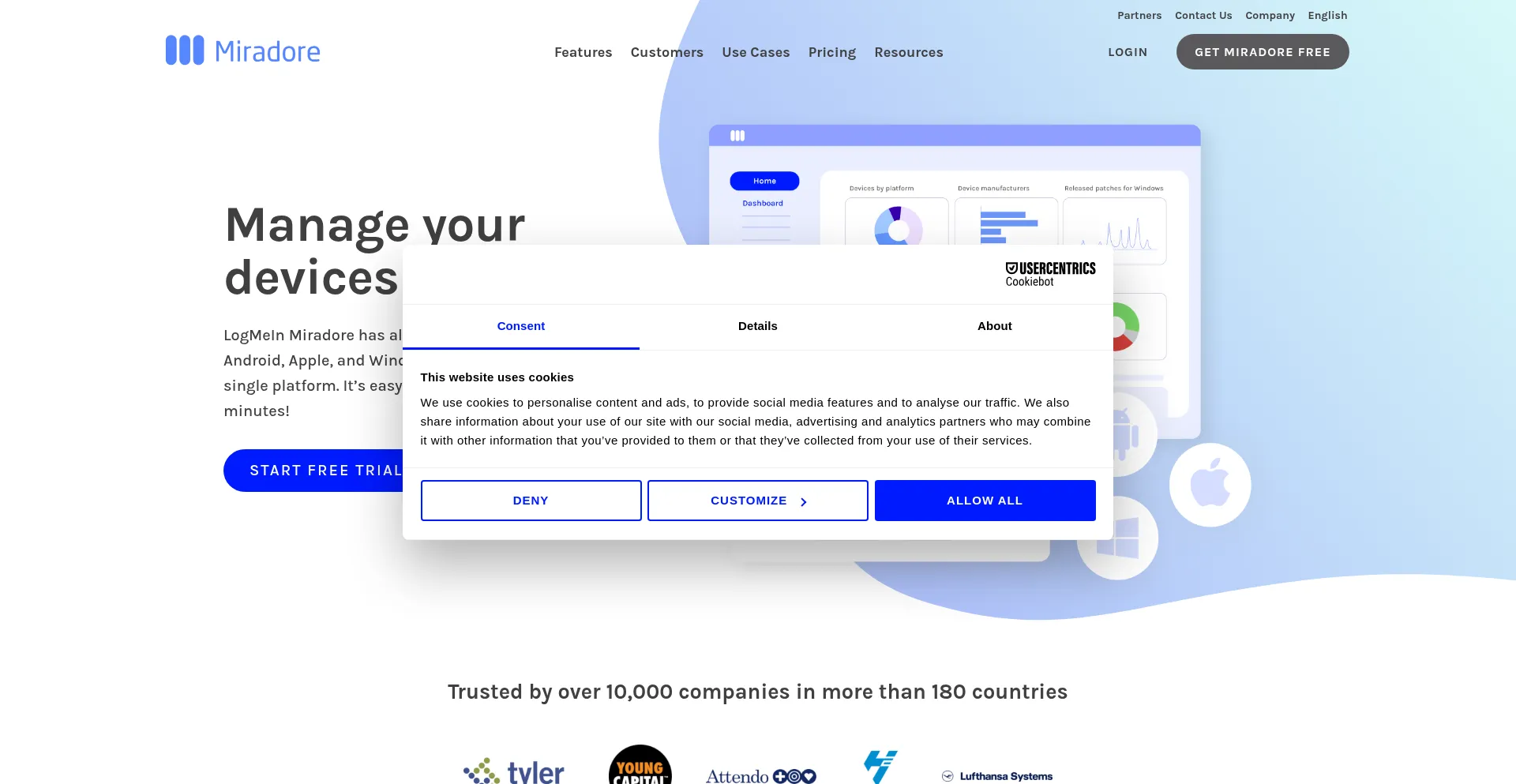 Website screenshot of Miradore.com