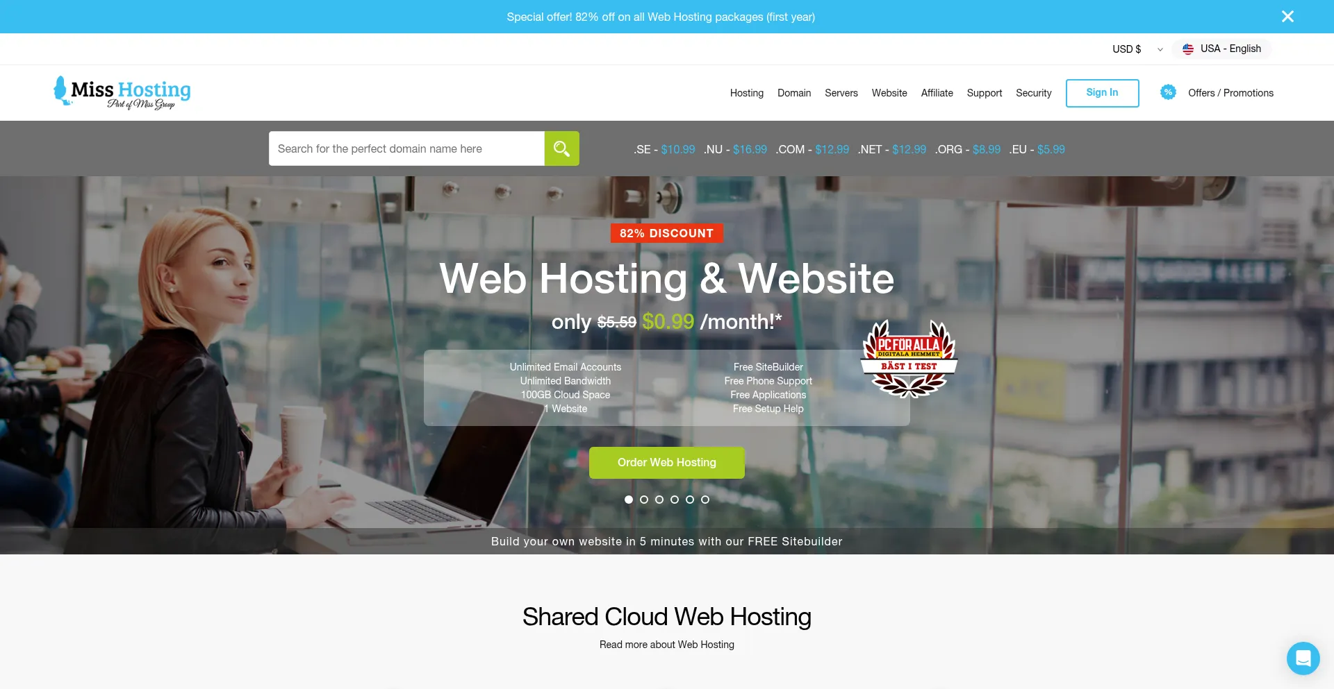 Website screenshot of Misshosting.com