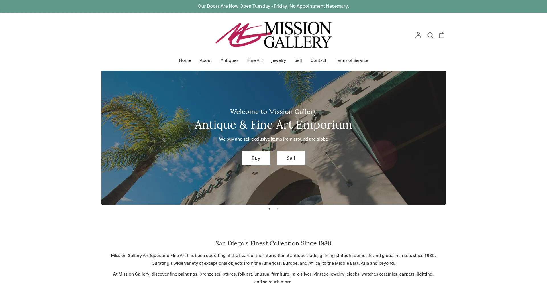 Website screenshot of Missiongalleryantiques.com