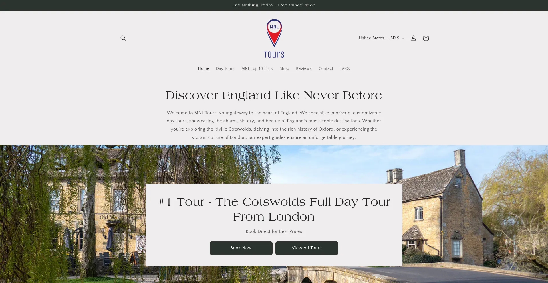 Website screenshot of Mnltours.com