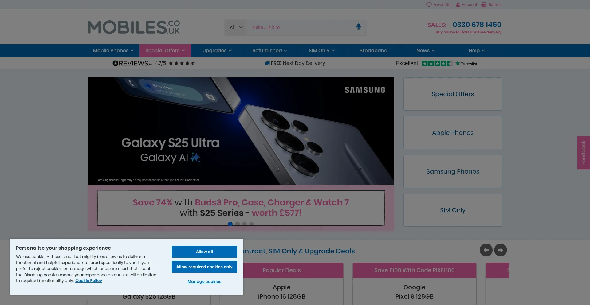 Website screenshot of Mobiles.co.uk