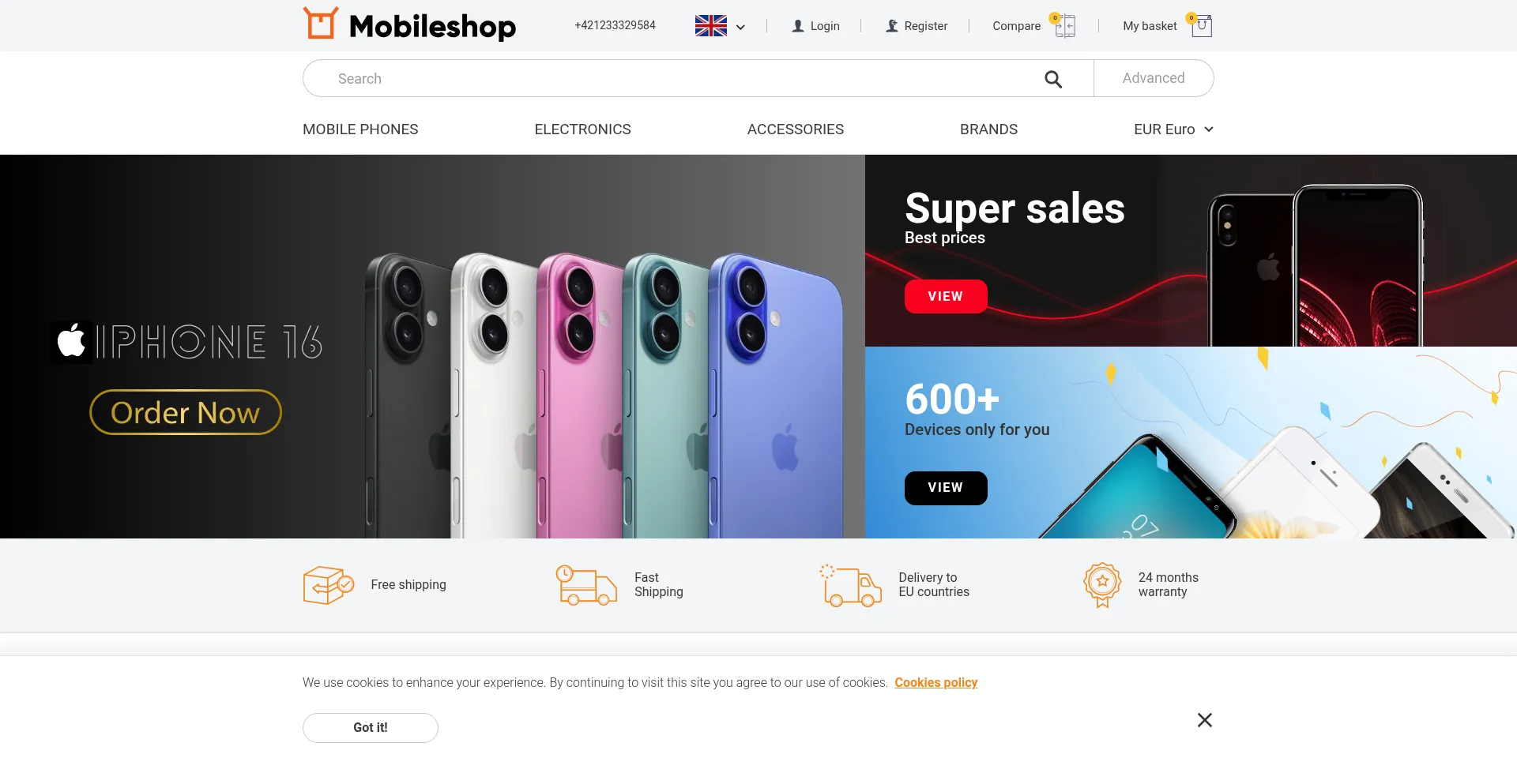Website screenshot of Mobileshop.eu