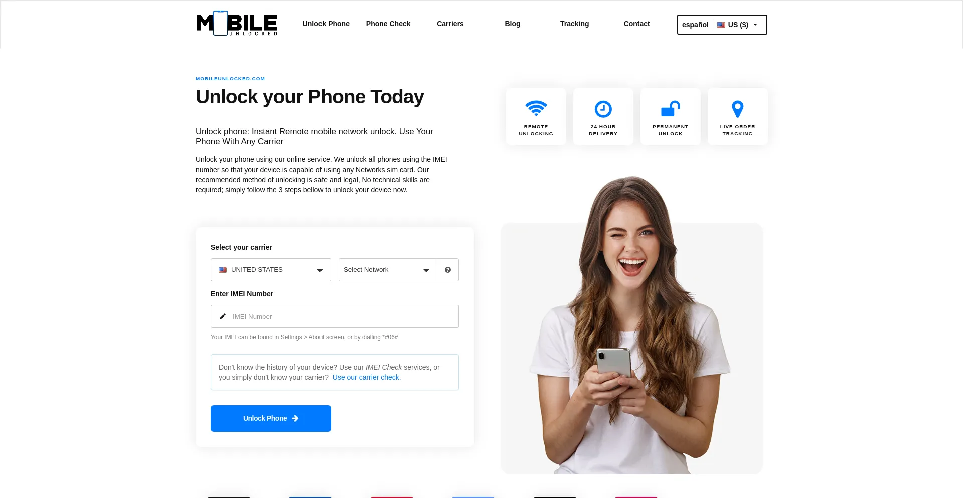 Website screenshot of Mobileunlocked.com