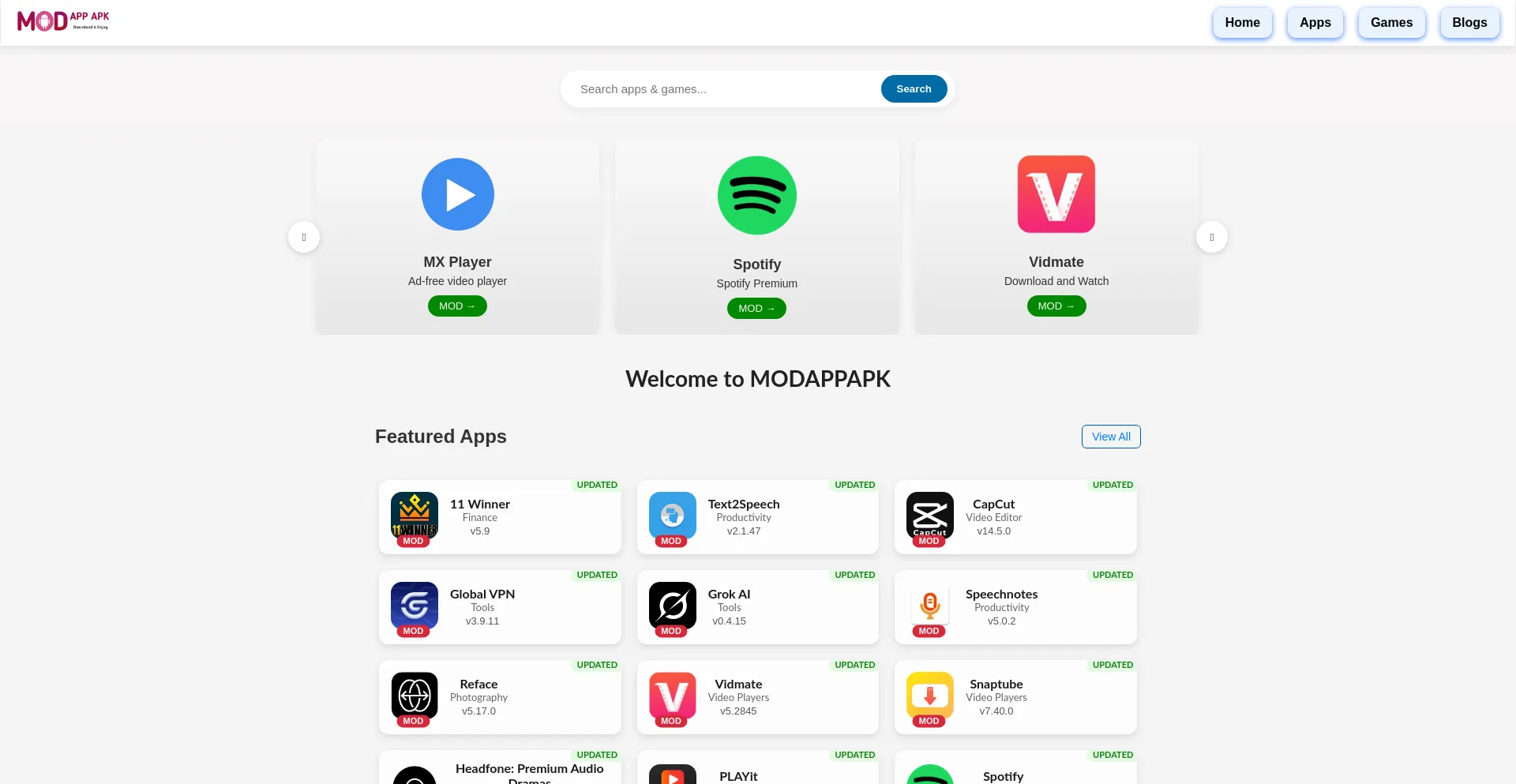 Website screenshot of Modappapk.com