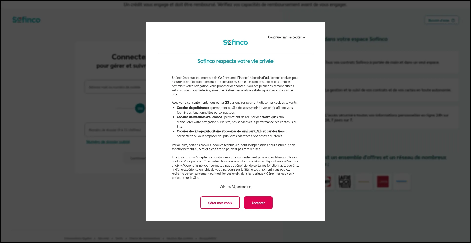 Website screenshot of Mon-espace-client.sofinco.fr
