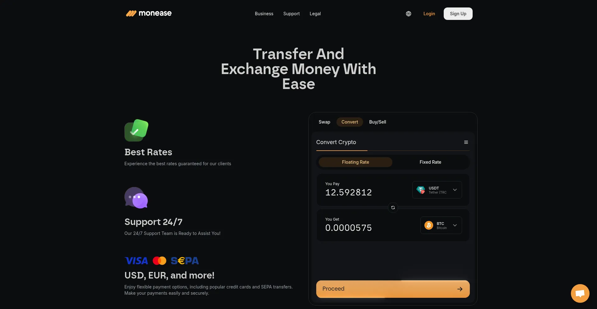 Website screenshot of Monease.exchange