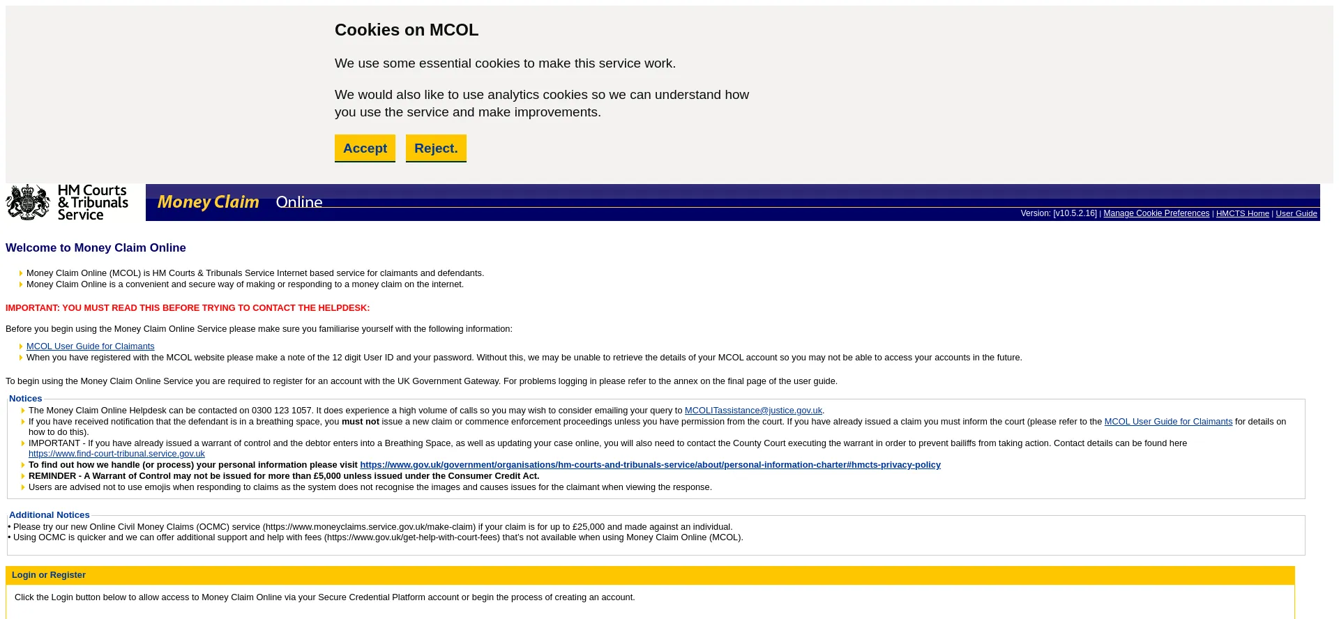 Website screenshot of Moneyclaim.gov.uk
