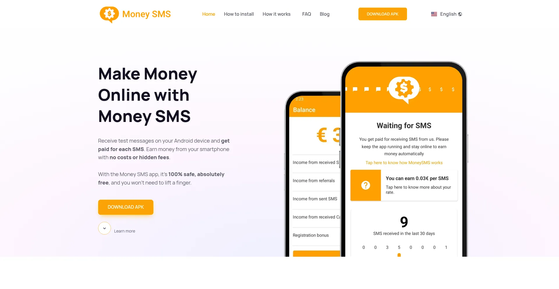 Website screenshot of Moneysmsapp.com