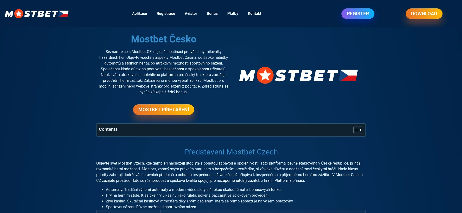 Website screenshot of Mostbet.cz