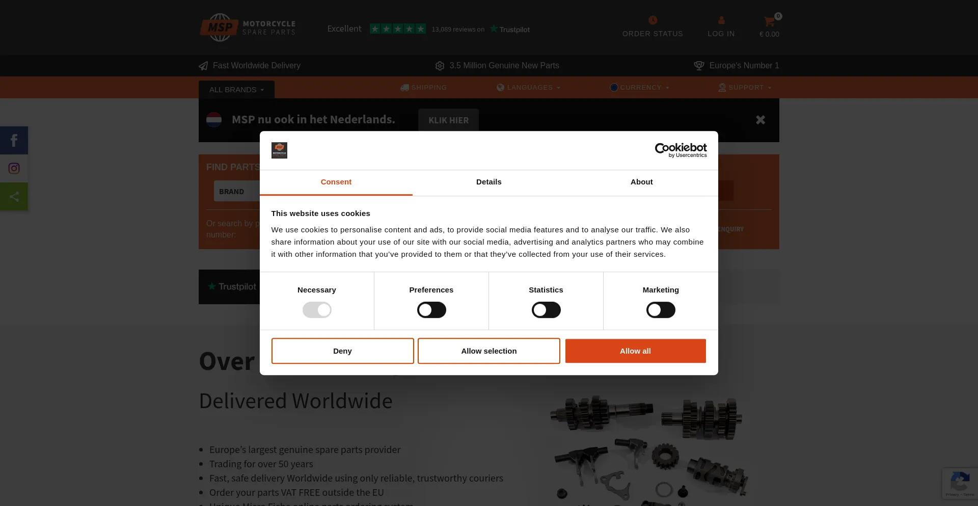 Website screenshot of Motorcyclespareparts.eu