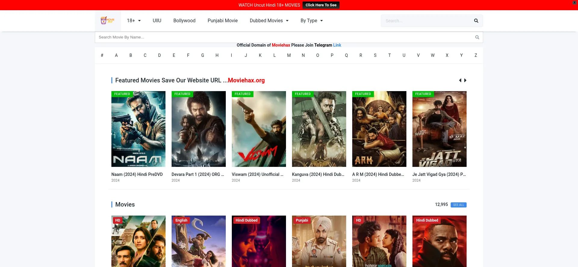 Website screenshot of Moviehax.org