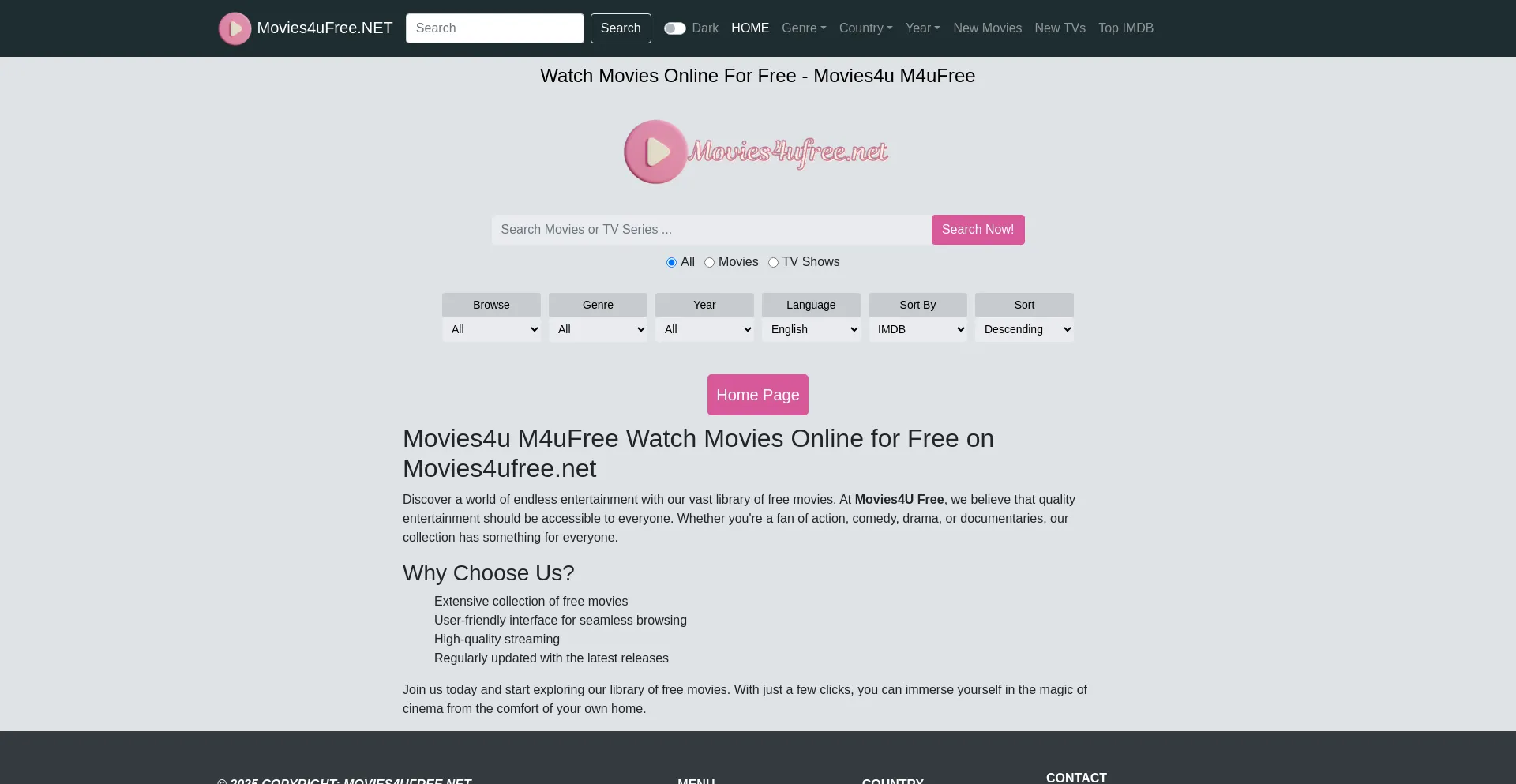 Website screenshot of Movies4ufree.net