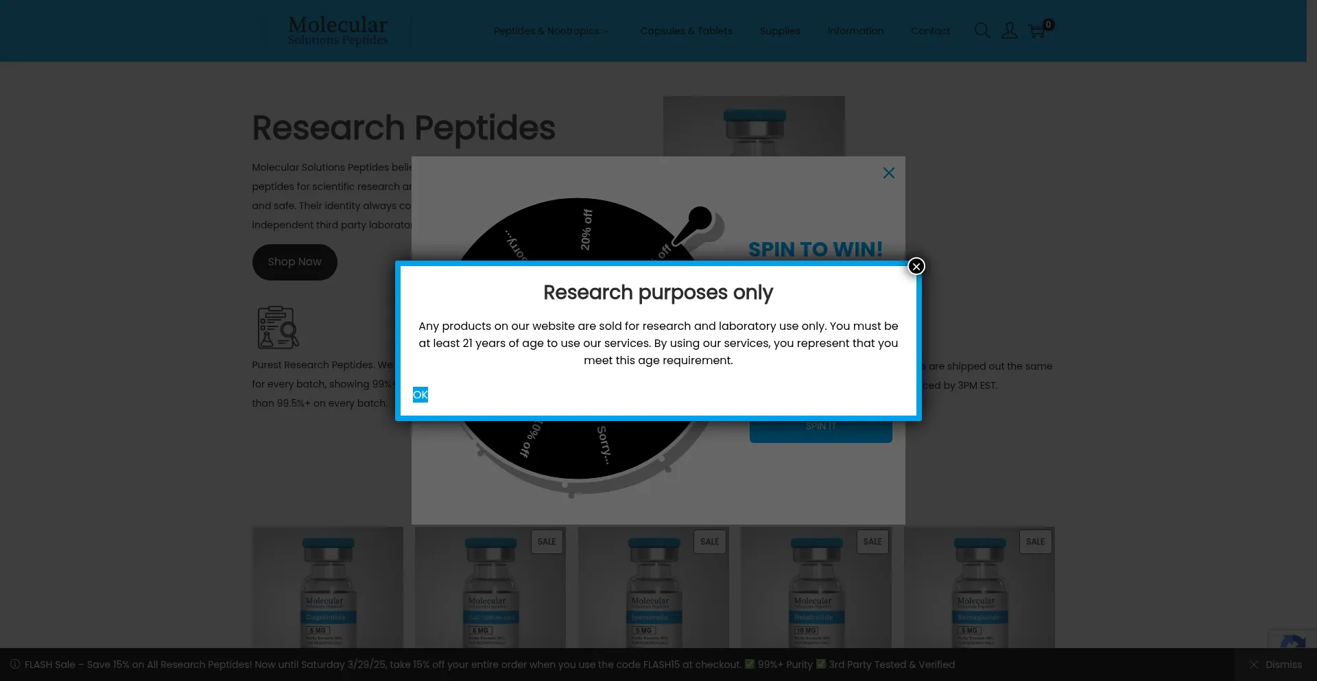 Website screenshot of Mspeptides.com