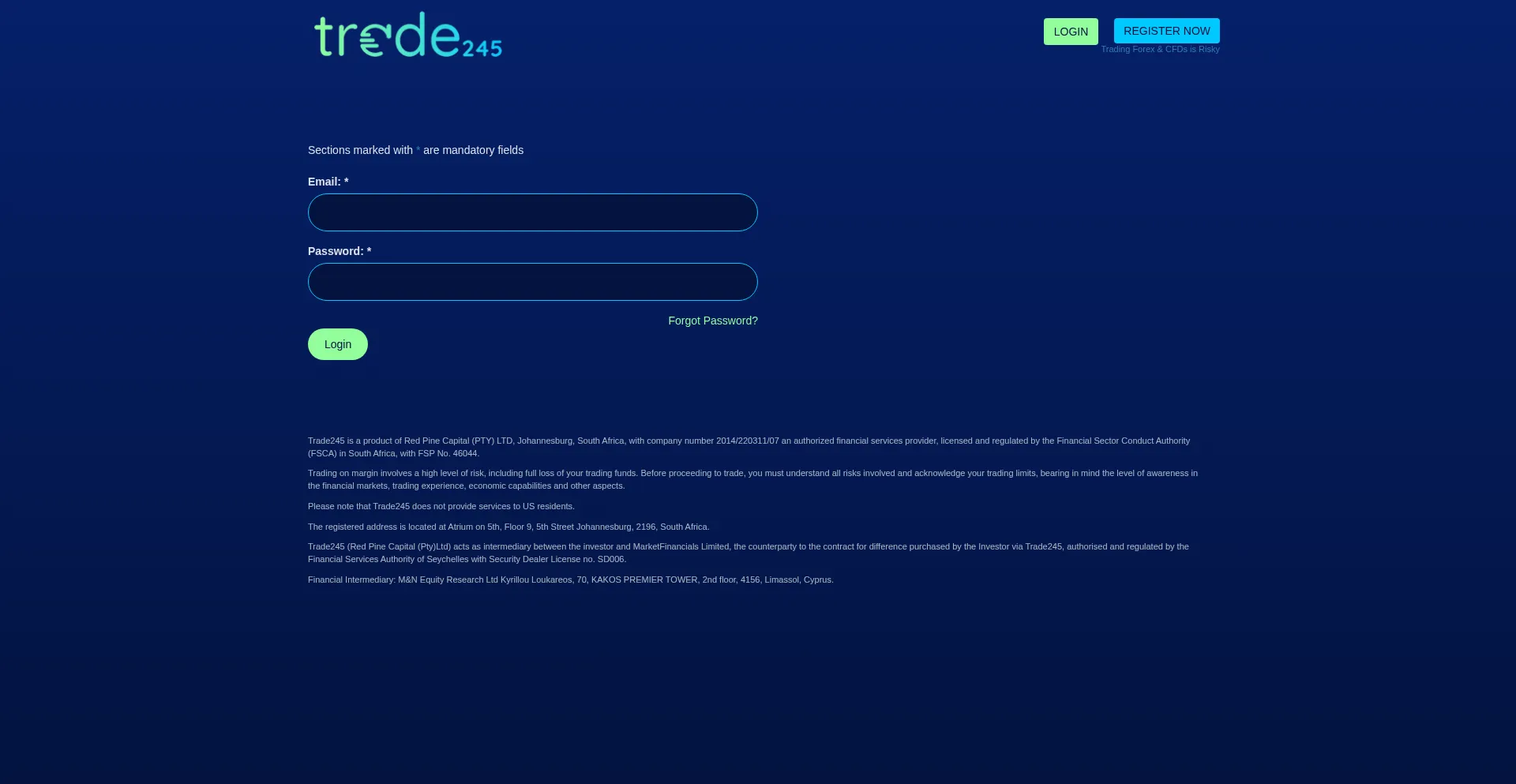 Website screenshot of My.trade245.com